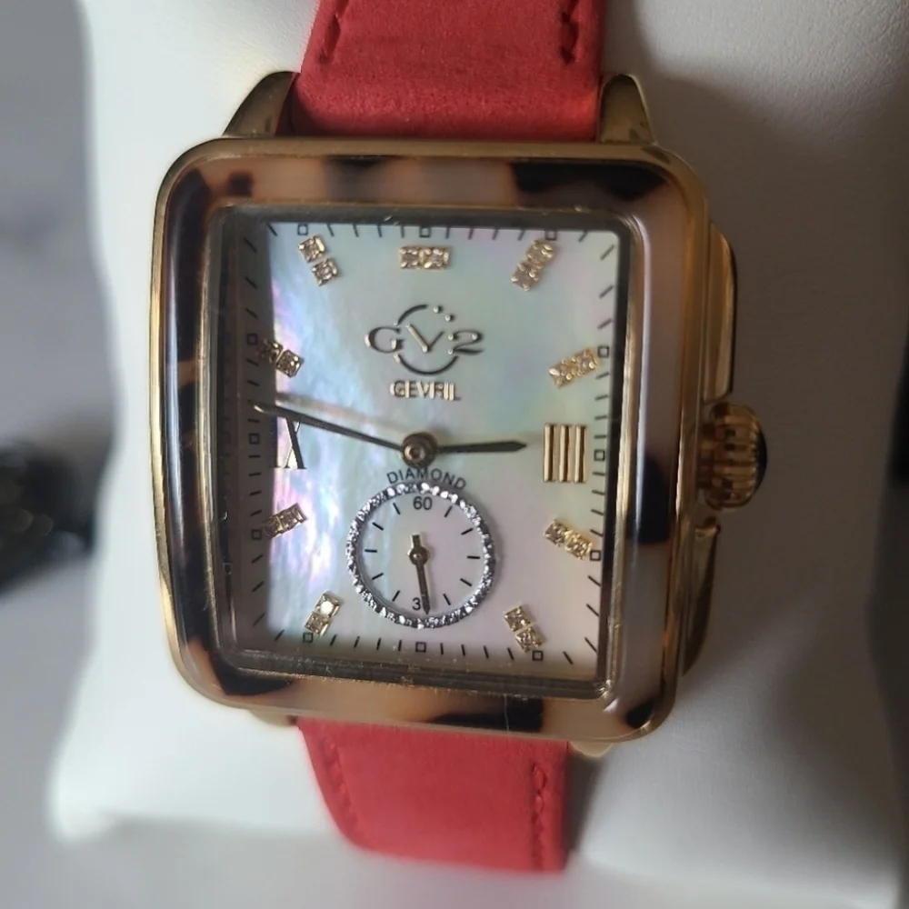 GV2 Gevril Bari Tortoise Diamond Watch, Red Suede Strap, NWT